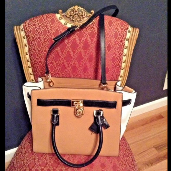 Michael Kors Hamilton Satchel Handbag Shoulder Bag Tri-Color Tan/White/Black - Picture 9 of 12